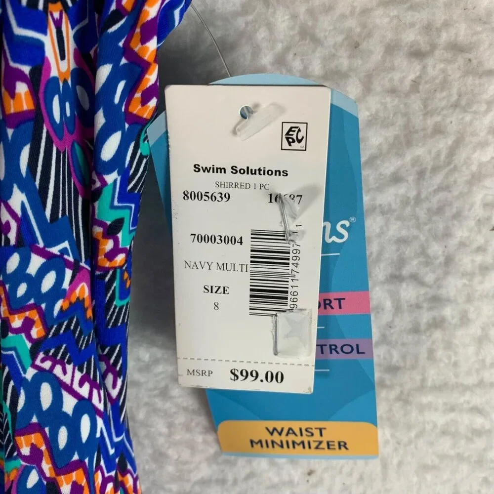 Swim Solutions Navy Multi Tummy-Control Shirred One-Piece Swimsuit Sz 8 NWT 9401 - Picture 4 of 11